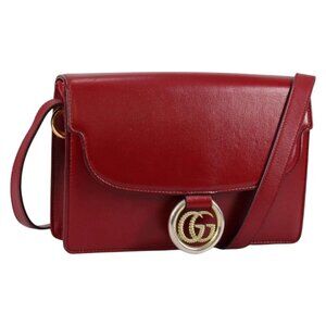 GUCCI GG Marmont Shoulder Bag Leather Red Gold 589474 Auth BA5558V